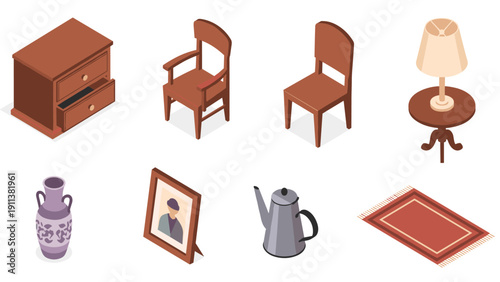 Isometric home furniture and decor elements in warm tones