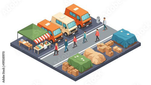 Busy urban street market isometric view with people walking and