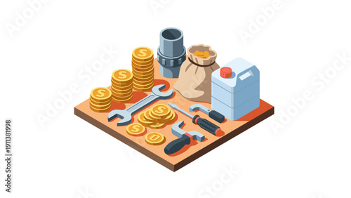 Tools and coins isometric illustration with plumbing tools and