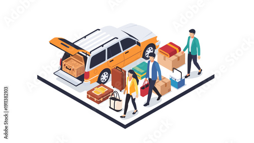 Family unpacking car for road trip adventure in isometric style