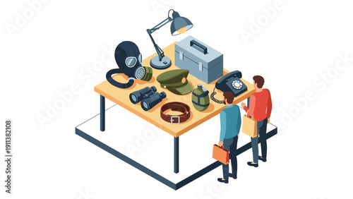 Vintage military equipment displayed on table with observing visitors