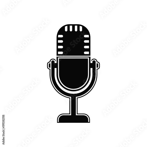 Black silhouette of a classic vintage microphone on a stand, often used for recording audio or broadcasting.