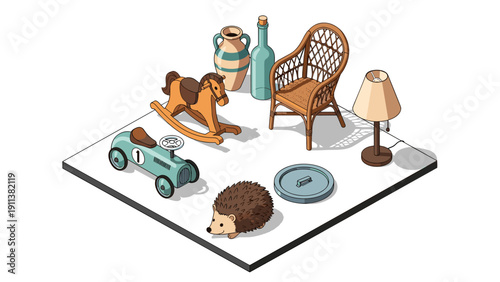 Retro toys and decor in isometric layout with wooden horse and