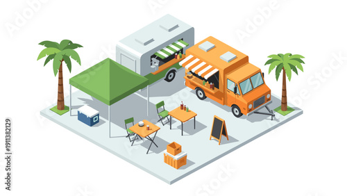 Food truck fest: an isometric scene with vibrant stalls and tropical