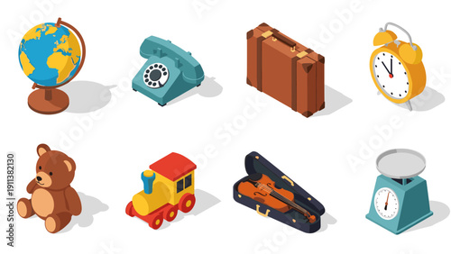 Vintage isometric objects: globe, rotary phone, suitcase, clock