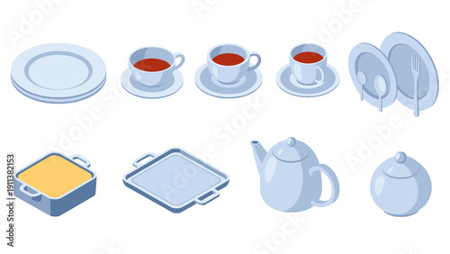 Isometric kitchenware collection: plates, cups, dishes, and teapot in