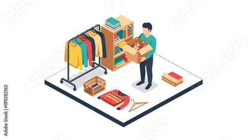 Isometric closet organization with clothing rack and bookshelf