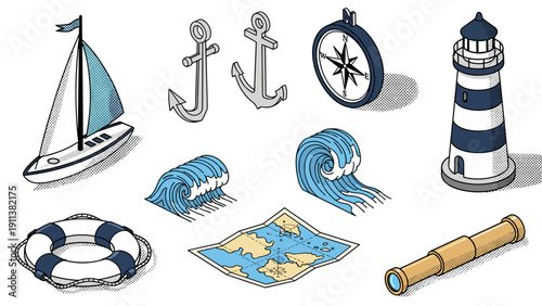 Nautical elements: sailing boat, anchors, waves, and lighthouse in