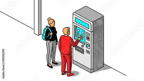 People using ticket machine in isometric style