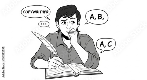 Young person thinking about copywriting and writing ideas.