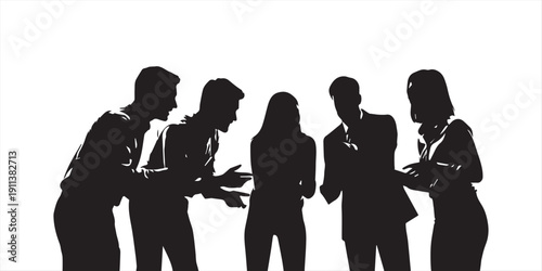 Business people silhouettes group isolated on white background showing diverse professionals standing talking meeting teamwork corporate office illustration concept