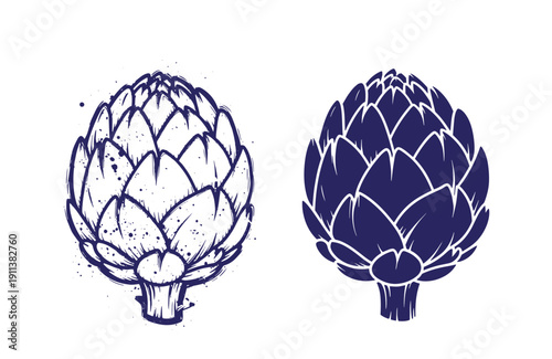 Grunge texture Artichoke illustrations in two different styles on white background  artistic vegetable designs Vintage Style