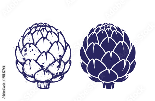Grunge texture Artichoke illustrations in blue ink style with grunge texture on white background  two vegetable drawings Vintage Style