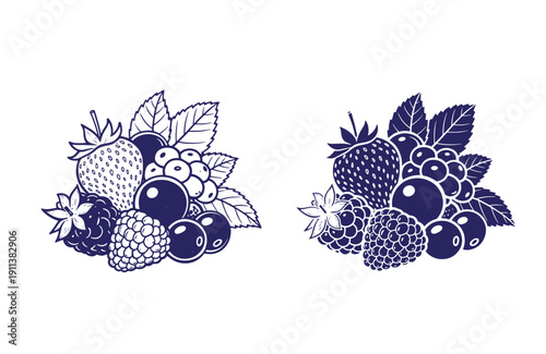 Grunge texture blueberry strawberry raspberry blackberry illustration on white background with leaves and fruits  two sets of berries Vintage Style