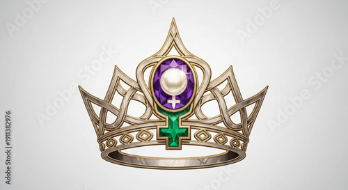 Golden Crown with Purple Gemstone and Green Cross Isolated on White Background