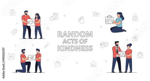 Flat lay illustration of people showing Random Acts of Kindness with supportive gestures and thoughtful expressions on a white background with icons.