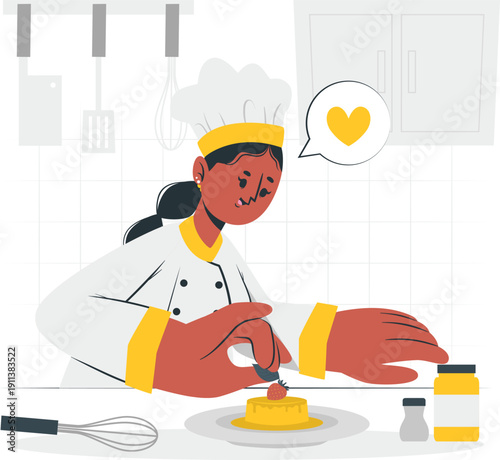 A female chef in a kitchen carefully garnishing a dish with a yellow ingredient and various seasonings on the table