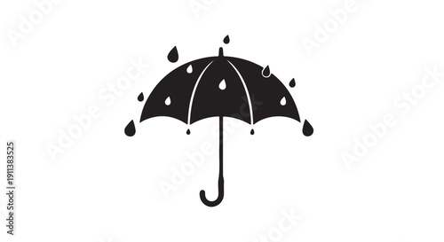 Black Umbrella in Rainy Weather with Water Droplets in Simple Illustration Style for Weather Icon