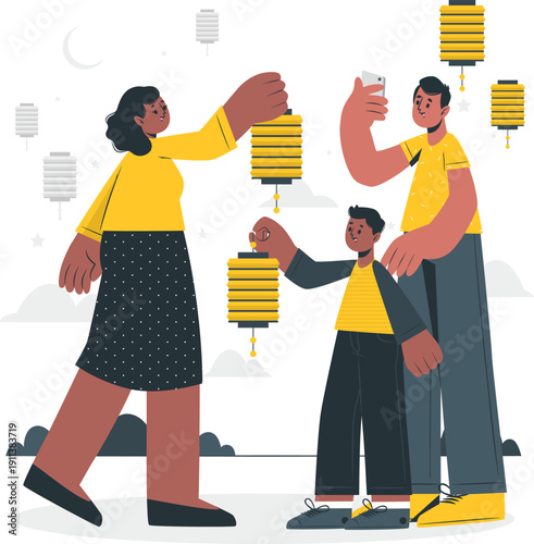 Family celebrating together, releasing lanterns into the night sky, capturing the joyful moment with a smartphone