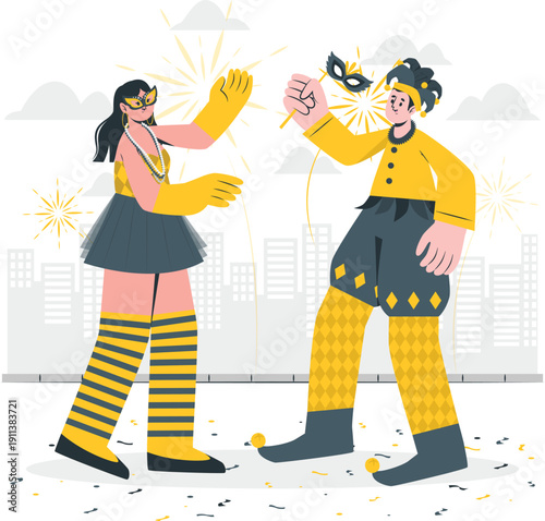 Vibrant illustration of two masked figures dancing together in a cityscape with confetti and festive atmosphere from a front viewpoint