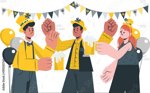 Celebratory gathering of people with festive attire and decorations from a frontal viewpoint