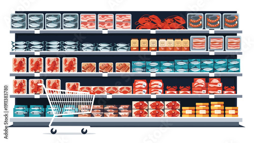 Organized supermarket shelves stocked with various fresh seafood and meat products waiting for customers with an empty shopping cart in front.