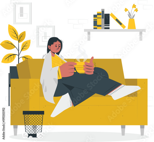Young woman relaxing on a yellow couch, enjoying a cup of coffee or tea in a modern living room.