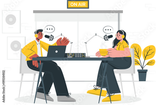 Two podcasters recording an episode in a studio with professional equipment and a live on air sign