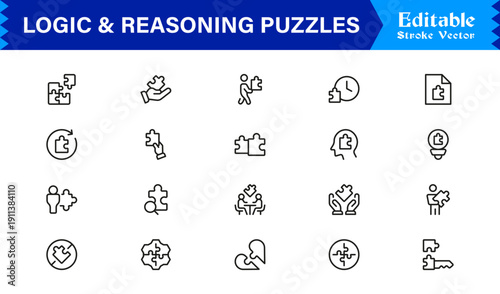 Logic And Reasoning Puzzles Professional Line Icon Set – Modern Minimal Outline Collection Featuring Brain Teasers, Smart Challenges, Thinking Symbols And Unique Concepts