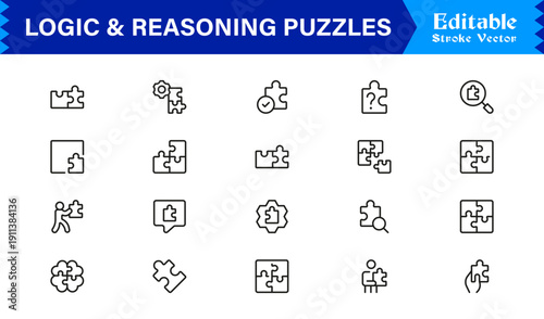 Logic And Reasoning Puzzles Professional Line Icon Set – Modern Minimal Outline Collection Featuring Brain Teasers, Smart Challenges, Thinking Symbols And Unique Concepts