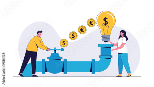 Innovative business strategy shown by people operating a large valve to extract financial profit from a giant lightbulb representing creative ideas.