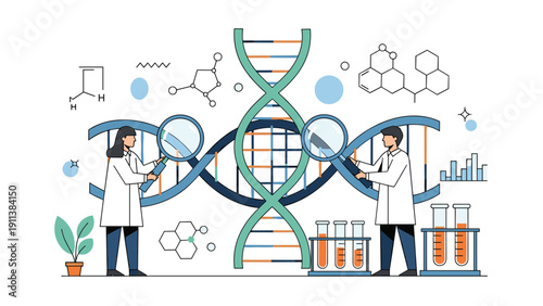 Research scientists examine a large DNA double helix structure using magnifying glasses to discover genetic information and medical breakthroughs.