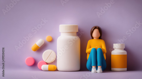 An illustrative scene of a person amidst medicine bottles and pills, symbolizing the complexities of mental health, therapy, and the search for inner peace
