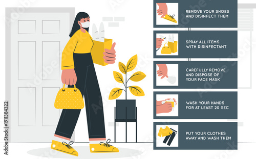 Woman wearing a mask and sanitizing her hands near a plant and door, following hygiene steps for health safety guidelines