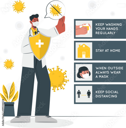 Doctor promoting COVID-19 safety measures with shield and hygiene guidelines illustration