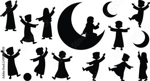 Set of Eid Mubarak Silhouette Vectors of Happy Muslim Kids in Traditional Dress with Crescent Moons, Celebrating Islamic Festivals