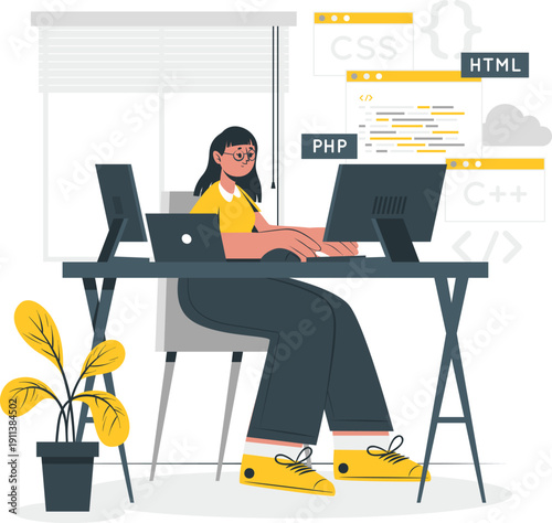 Woman working on computer with coding screens in a modern office environment