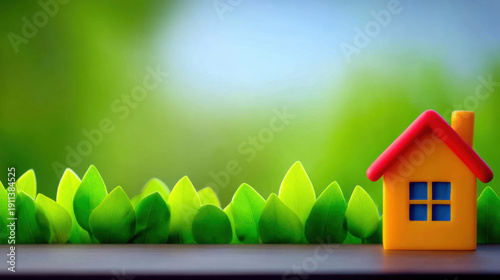 A miniature yellow house model nestled among vibrant green leaves, symbolizing eco-friendly living and real estate investment