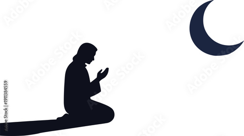 Islamic Silhouette Vector of a Muslim Man Praying and Making Dua Under a Large Crescent Moon, Peaceful Spiritual Atmosphere for Ramadan Kareem and Eid Mubarak Design