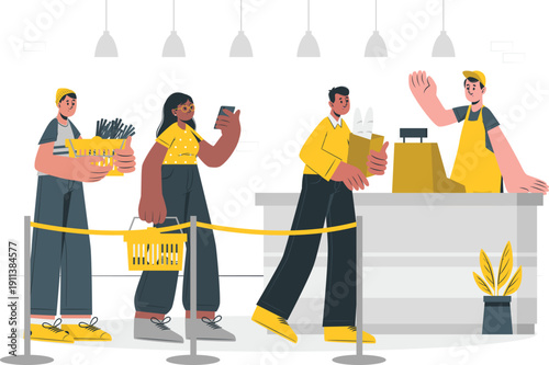 Workers in yellow uniforms processing goods at a security checkpoint with a queue and barriers