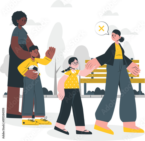 Diverse group of people greeting each other in a park setting with a mix of friendly and unfriendly gestures