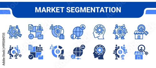 Market Segmentation Icon Collection,  featuring Market segment, Segmentation, Demographic, Geographic, Psychographics, Customer segment, Target market.