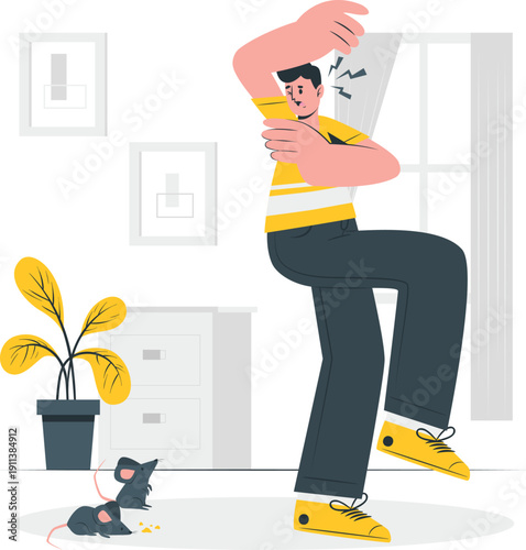 Man experiencing sudden back pain while standing in a living room with a pet nearby