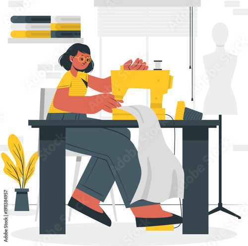 Woman working on yellow sewing machine at desk with fabric and mannequin in background indoors