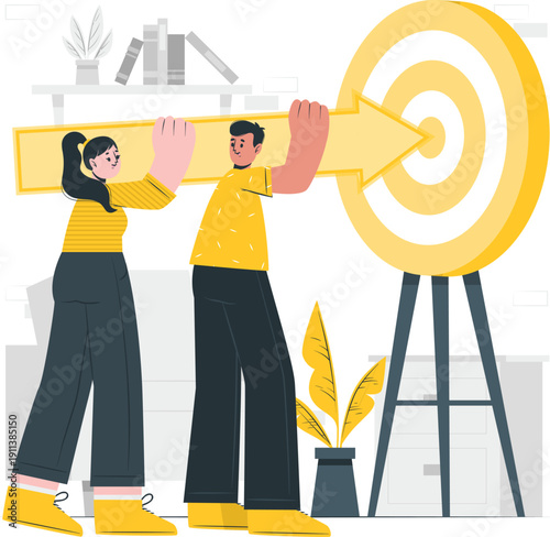 Two individuals working together to achieve a target displayed on a stand in a professional workspace with office supplies and plants