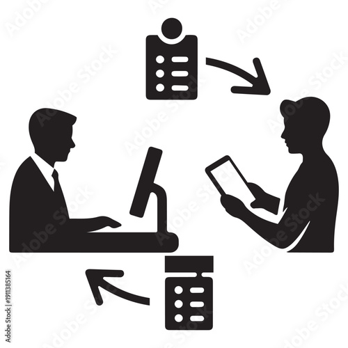 Businessmen collaborating on project tasks, exchanging information via computer and tablet in office setting, vector illustration.