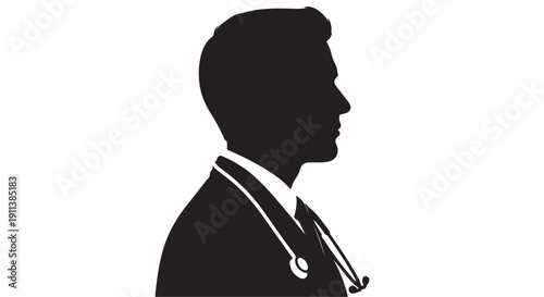 Male Doctor Silhouette Profile with Stethoscope in Simple Black Silhouette on White Background for Medical Illustration