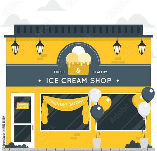 A vibrant yellow ice cream shop with balloons and banners, viewed from the front, in a lively street scene with decorations