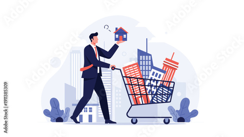 Real estate investor pushes a shopping cart filled with various residential and commercial buildings representing property portfolio expansion.