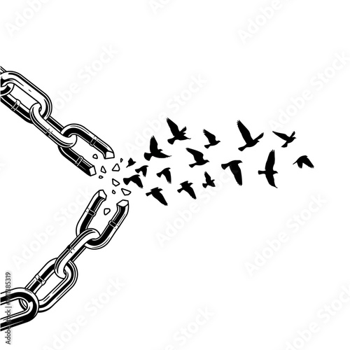 Broken Chain Releasing Flock of Birds, Symbolizing Freedom and Escape
